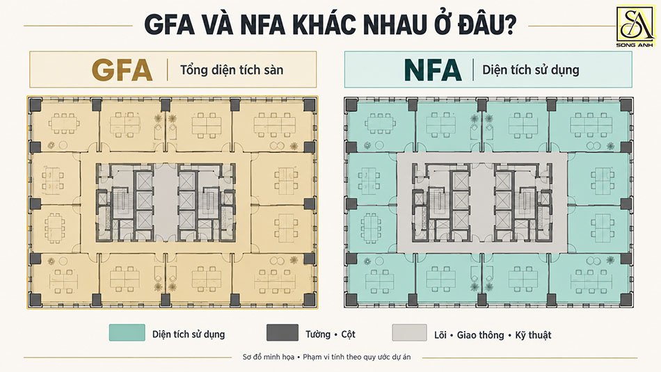 So sánh phạm vi GFA và NFA trên cùng mặt bằng tầng văn phòng